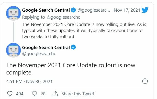 Google November roll out tweet