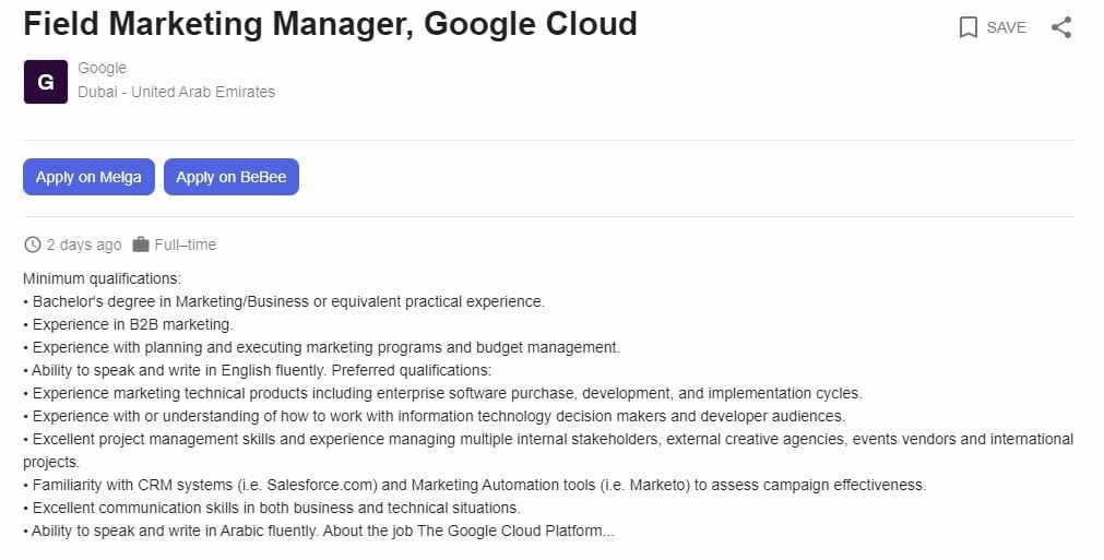 Schema data for Google job listing